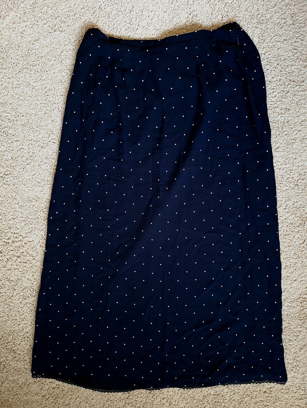 dana b. and Karen 100% Silk Classic Navy Blue Polka Dot Long Maxii Skirt Size 14